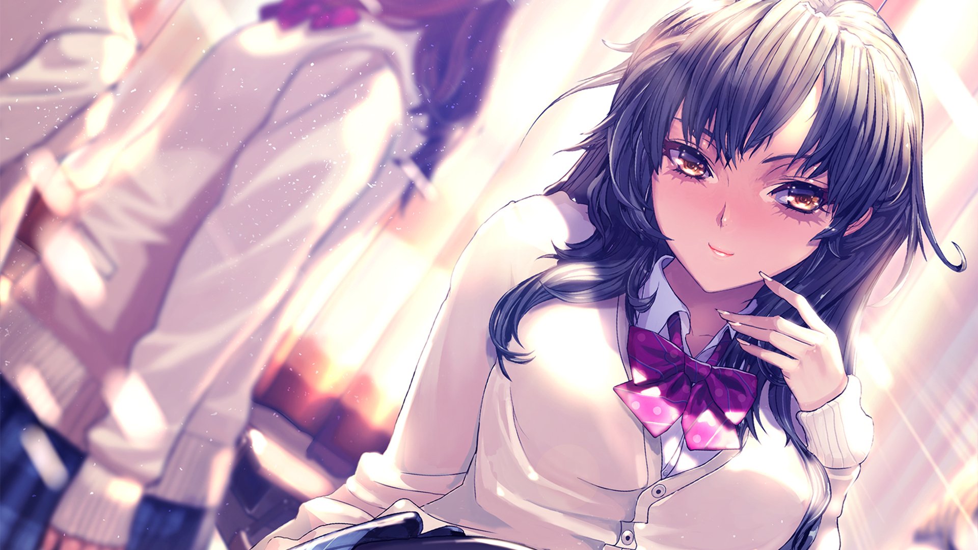 Anime-inspired HD desktop wallpaper featuring a confident character with dark hair and a bowtie, set against a soft, blurred background with hints of light.