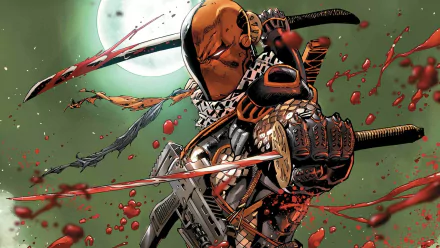 A dynamic HD wallpaper featuring Deathstroke from the comics, showcasing the character wielding weapons against a green background, with striking elements of blood and a full moon.
