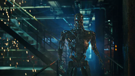 A striking HD wallpaper from Terminator Salvation, featuring a formidable robot standing in a dimly lit industrial setting, surrounded by dramatic lighting and sparks.