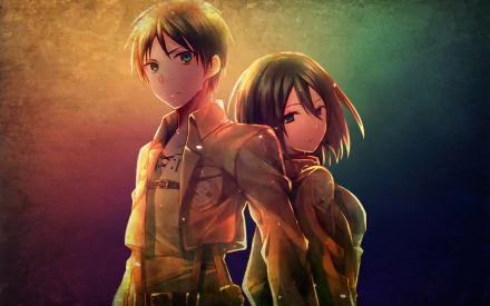 HD wallpaper featuring Eren Yeager and Mikasa Ackerman from the anime Attack on Titan, standing back-to-back with a vibrant, gradient background.