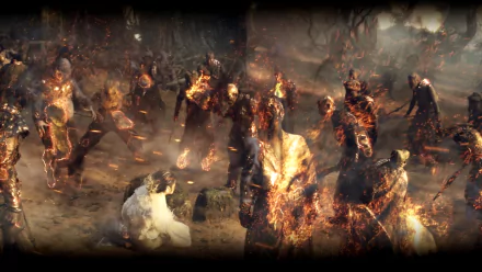 HD PC desktop wallpaper from the movie The Monkey King: a fiery battlefield with burning warriors closing in around the Monkey King.