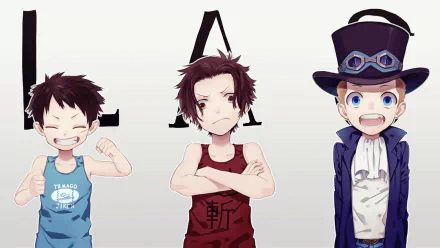 HD desktop wallpaper of the anime One Piece featuring young Sabo, Portgas D. Ace, and Monkey D. Luffy standing in a row with different expressions.