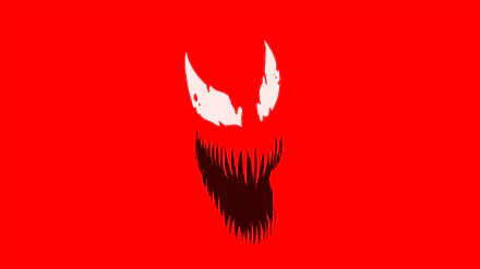 HD desktop wallpaper featuring Carnage from Marvel Comics, showcasing a striking red background with the character's menacing face and sharp teeth.