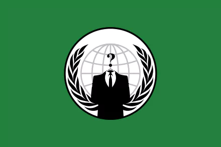 HD desktop wallpaper featuring an anonymous figure in a suit with a question mark for a head, set against a green background, representing the Anonymous collective in a technological context.
