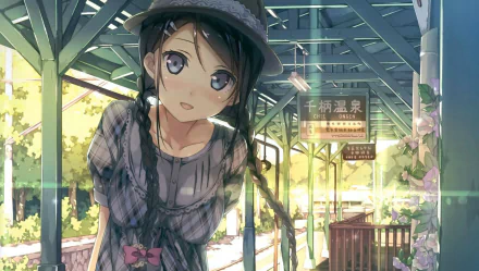 HD Anime wallpaper from 5 Nenme no Houkago featuring a girl with a braid, wearing a hat, at a train station surrounded by greenery.