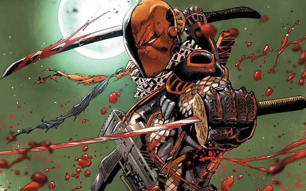 A dynamic HD wallpaper featuring Deathstroke from the comics, showcasing the character wielding weapons against a green background, with striking elements of blood and a full moon.