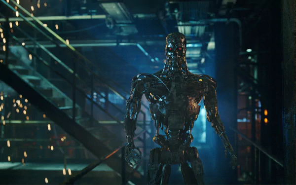 A striking HD wallpaper from Terminator Salvation, featuring a formidable robot standing in a dimly lit industrial setting, surrounded by dramatic lighting and sparks.
