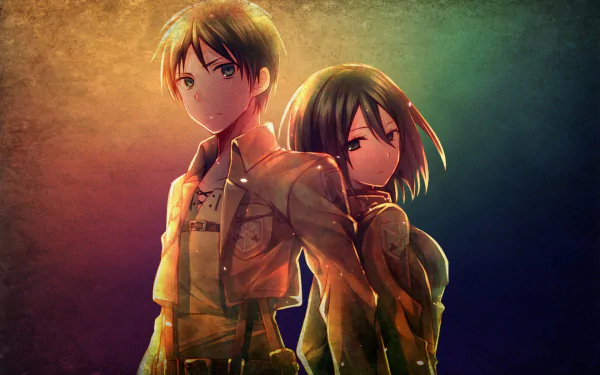 HD wallpaper featuring Eren Yeager and Mikasa Ackerman from the anime Attack on Titan, standing back-to-back with a vibrant, gradient background.