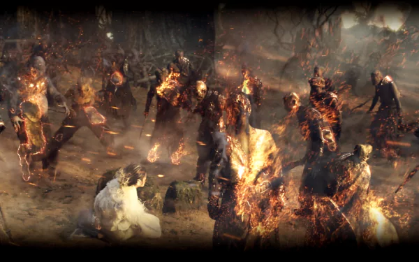 HD PC desktop wallpaper from the movie The Monkey King: a fiery battlefield with burning warriors closing in around the Monkey King.