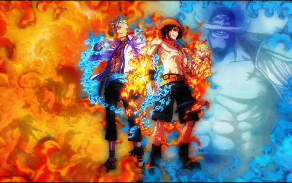 HD desktop wallpaper featuring One Piece characters Edward Newgate, Portgas D. Ace, and Marco with vibrant fiery and icy elements.