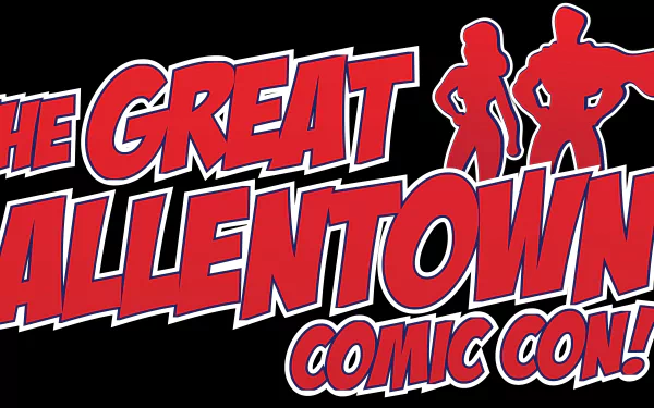 Bold red text reading The Great Allentown Comic Con! with silhouettes of two comic-style superheroes, designed as a 4K Ultra HD PC desktop wallpaper background.