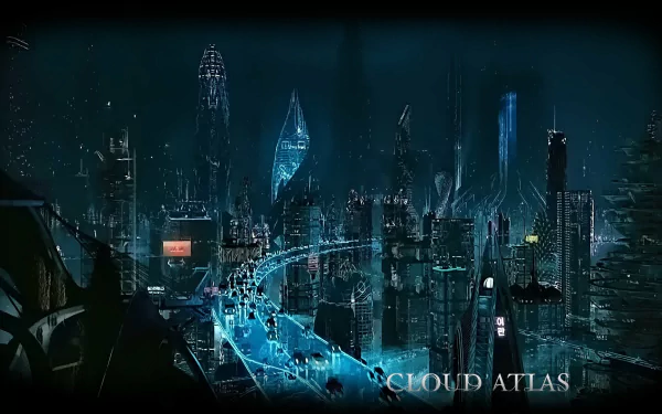 HD PC desktop wallpaper featuring a futuristic cityscape from the movie Cloud Atlas with glowing skyscrapers and elevated roads at night.