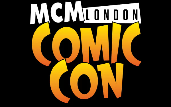 HD PC desktop wallpaper featuring the bold, vibrant MCM London Comic Con logo in orange and white on a black background.