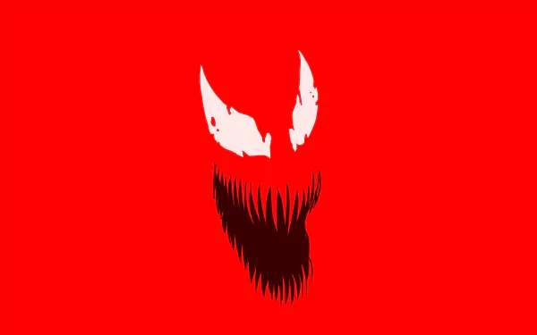 HD desktop wallpaper featuring Carnage from Marvel Comics, showcasing a striking red background with the character's menacing face and sharp teeth.
