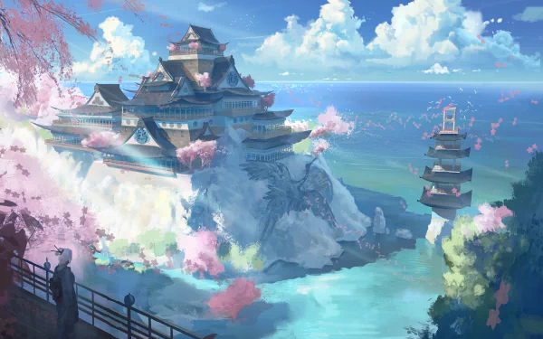 Anime landscape of a majestic castle surrounded by cherry blossoms, positioned by the ocean with a backdrop of a vibrant blue sky and clouds. This HD image is a beautiful desktop wallpaper and background.