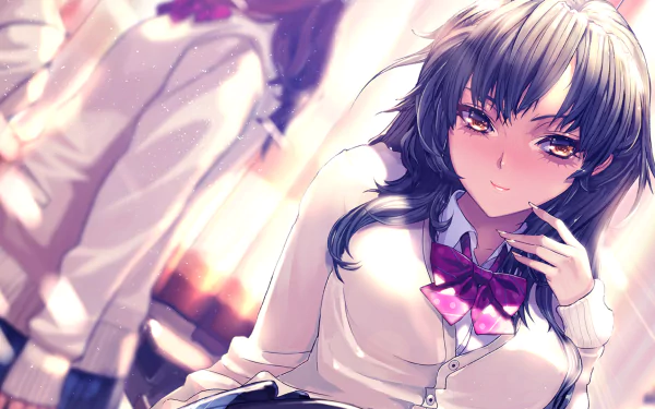 Anime-inspired HD desktop wallpaper featuring a confident character with dark hair and a bowtie, set against a soft, blurred background with hints of light.