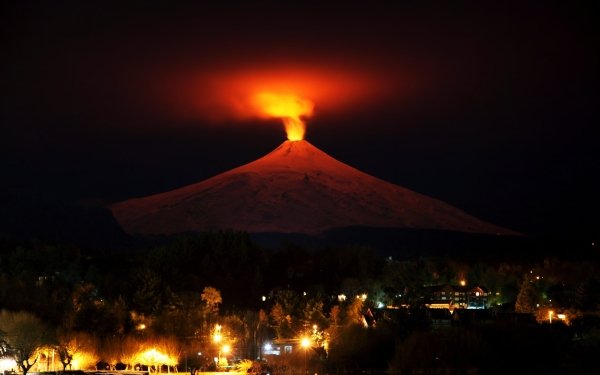 Earth Volcano Volcanoes Smoke Mountain City Night Light orange HD Wallpaper | Background Image