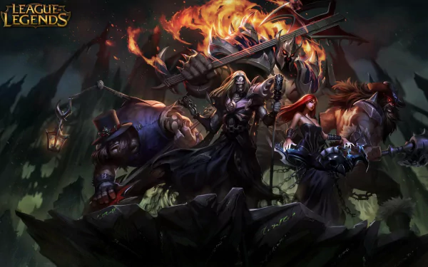 High-definition wallpaper featuring characters Karthus, Mordekaiser, Olaf, Yorick, and Sona from League of Legends in a striking battle scene.