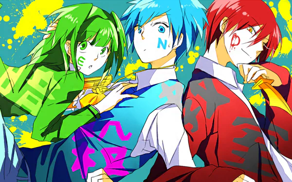 HD wallpaper featuring Nagisa Shiota, Karma Akabane, and Kaede Kayano from Assassination Classroom, depicted in vibrant colors with splashes of paint in the background.