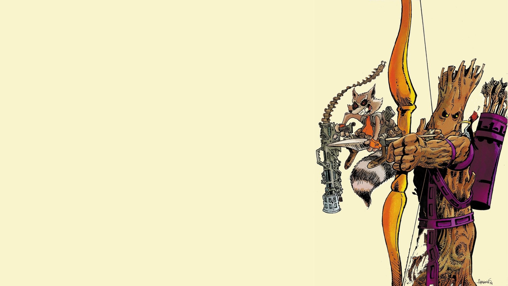 HD wallpaper featuring Rocket Raccoon and Groot from Guardians of the Galaxy. The dynamic duo is illustrated in a vibrant, comic style against a light background.