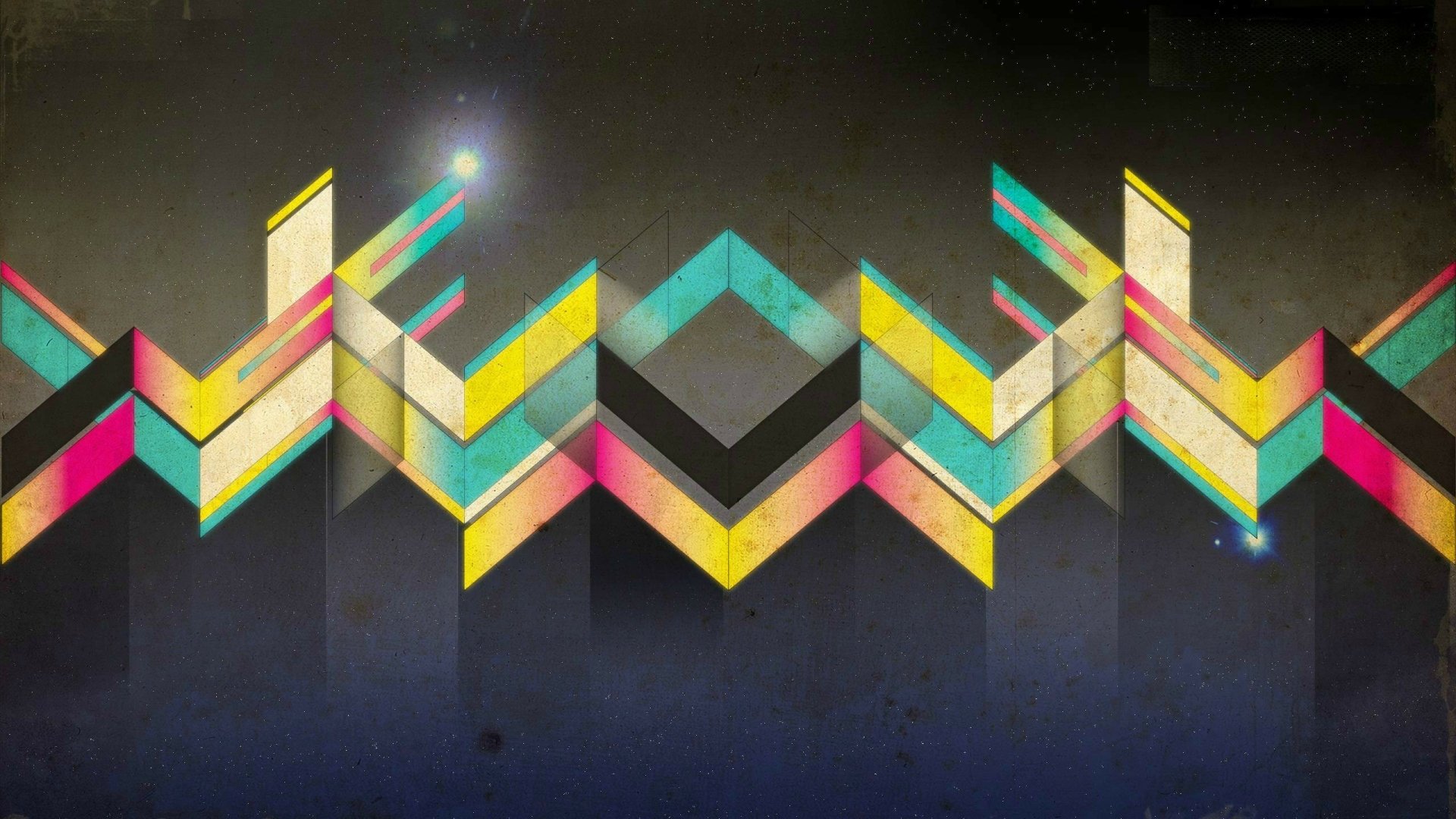 Abstract HD PC desktop wallpaper featuring colorful geometric shapes and vibrant patterns against a dark background, creating a dynamic and modern visual effect.