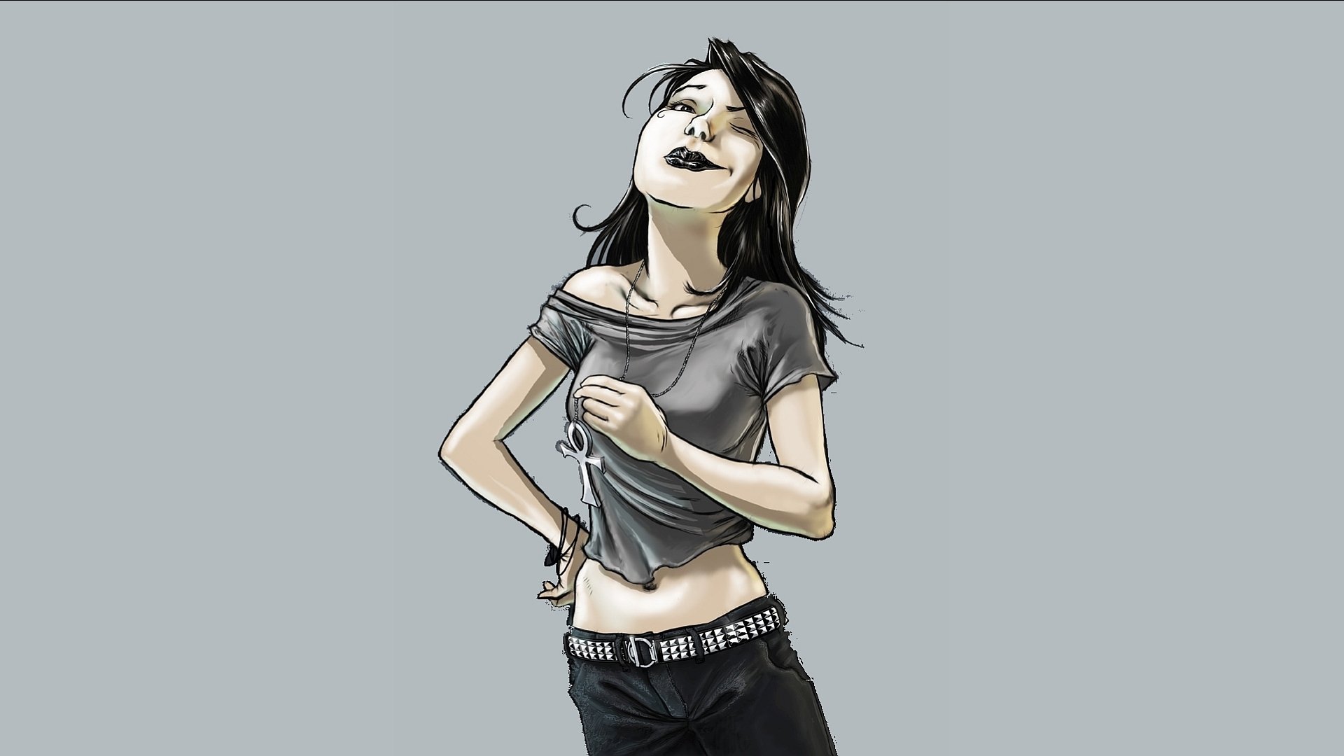 Comic-style HD PC desktop wallpaper/background from The Sandman: dark-haired, pale woman in a torn gray shirt and black jeans, smirking against a muted gray backdrop.