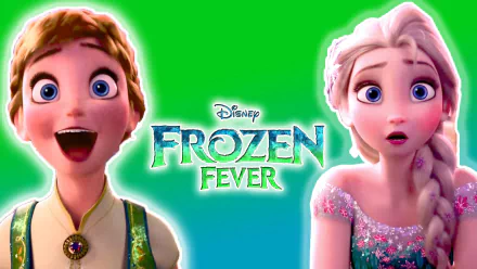 HD PC desktop wallpaper from the Frozen Fever movie: Anna beaming and Elsa surprised at sides of a green-to-blue background with the Frozen Fever logo centered.