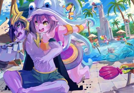 HD desktop wallpaper featuring Riven, Lulu, and Veigar from League of Legends enjoying poolside fun with vibrant colors, palm trees, and water activities in a video game-inspired setting.