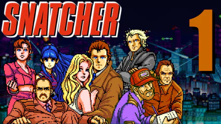HD PC desktop wallpaper of the video game Snatcher: pixel-art cast grouped before a neon cyberpunk cityscape with the bold SNATCHER logo.