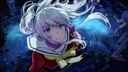 HD wallpaper featuring Nao Tomori from Charlotte anime, with long white hair, blue eyes, in a school uniform with a bow. She stands by reflective water under a night sky.