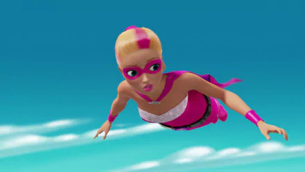 HD PC desktop wallpaper from the movie Barbie in Princess Power: Barbie in a pink superhero costume and mask soars over a bright blue sky with wispy clouds.