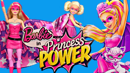 Colorful 2K Quad HD PC desktop wallpaper and background from the movie Barbie in Princess Power, featuring Barbie in superhero-princess outfits, logo and a masked sidekick on bright blue.