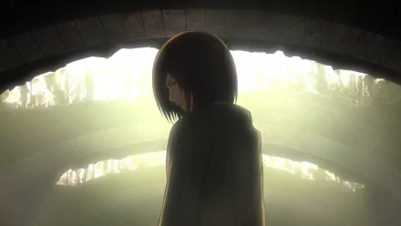 Mikasa Ackerman stands in a dramatic pose, silhouetted against a luminous backdrop. This HD desktop wallpaper captures the essence of her character from Attack on Titan.