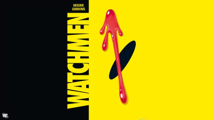 Watchmen comic HD PC desktop wallpaper and background: bold vertical black stripe with WATCHMEN title, bright yellow field and a blood-dripped red arrow over a black oval.