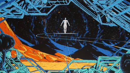 Comic-style Silver Surfer floats above an abstract cosmic landscape framed by neon-blue geometric lines and orange planetary terrain — 4K Ultra HD PC desktop wallpaper.