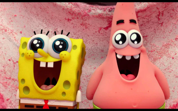 Cheerful SpongeBob and Patrick from *The SpongeBob Movie: Sponge Out of Water* smile widely against a vibrant, textured background in this HD PC desktop wallpaper.