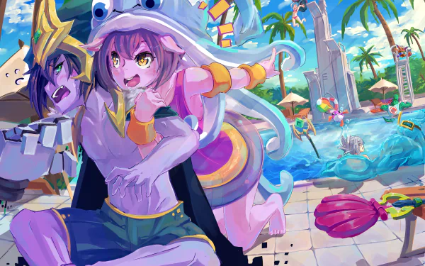 HD desktop wallpaper featuring Riven, Lulu, and Veigar from League of Legends enjoying poolside fun with vibrant colors, palm trees, and water activities in a video game-inspired setting.
