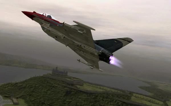 HD PC desktop wallpaper featuring a fighter jet from the video game Ace Combat Zero: The Belkan War soaring over a green landscape with a body of water below.