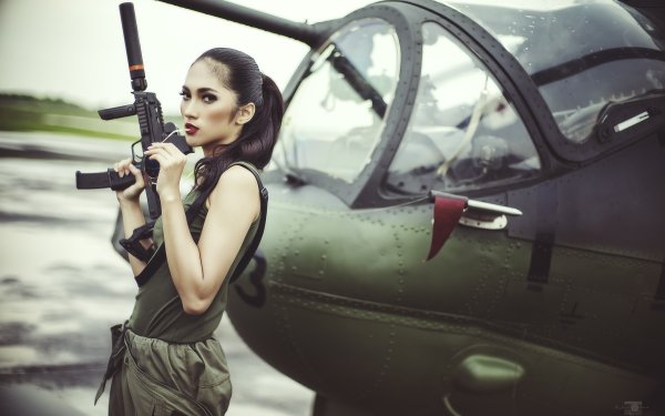 Women Girls & Guns Model Brunette Brown Eyes Gun Helicopter Lipstick Oriental HD Wallpaper | Background Image