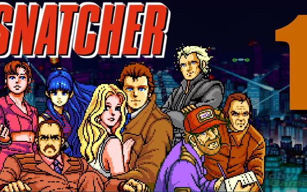 HD PC desktop wallpaper of the video game Snatcher: pixel-art cast grouped before a neon cyberpunk cityscape with the bold SNATCHER logo.