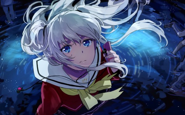 Anime Charlotte School Uniform Nao Tomori Blue Eyes White Hair Long Hair Wasser Nacht bow HD Wallpaper | Hintergrund