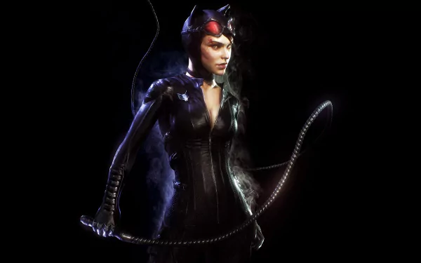 Catwoman from the video game Batman: Arkham Knight stands confidently, wielding a whip. The high-definition image showcases her sleek black outfit and fierce expression against a dark background.