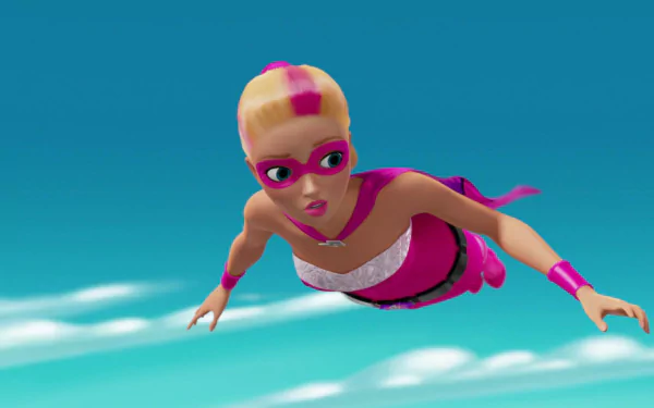 HD PC desktop wallpaper from the movie Barbie in Princess Power: Barbie in a pink superhero costume and mask soars over a bright blue sky with wispy clouds.