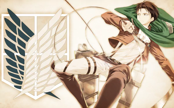 HD desktop wallpaper featuring Levi Ackerman from Attack on Titan, donning Scouting Legion gear with the Legion's emblem in the background.