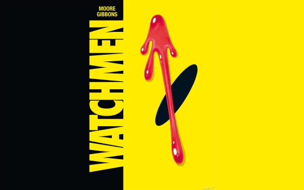Watchmen comic HD PC desktop wallpaper and background: bold vertical black stripe with WATCHMEN title, bright yellow field and a blood-dripped red arrow over a black oval.