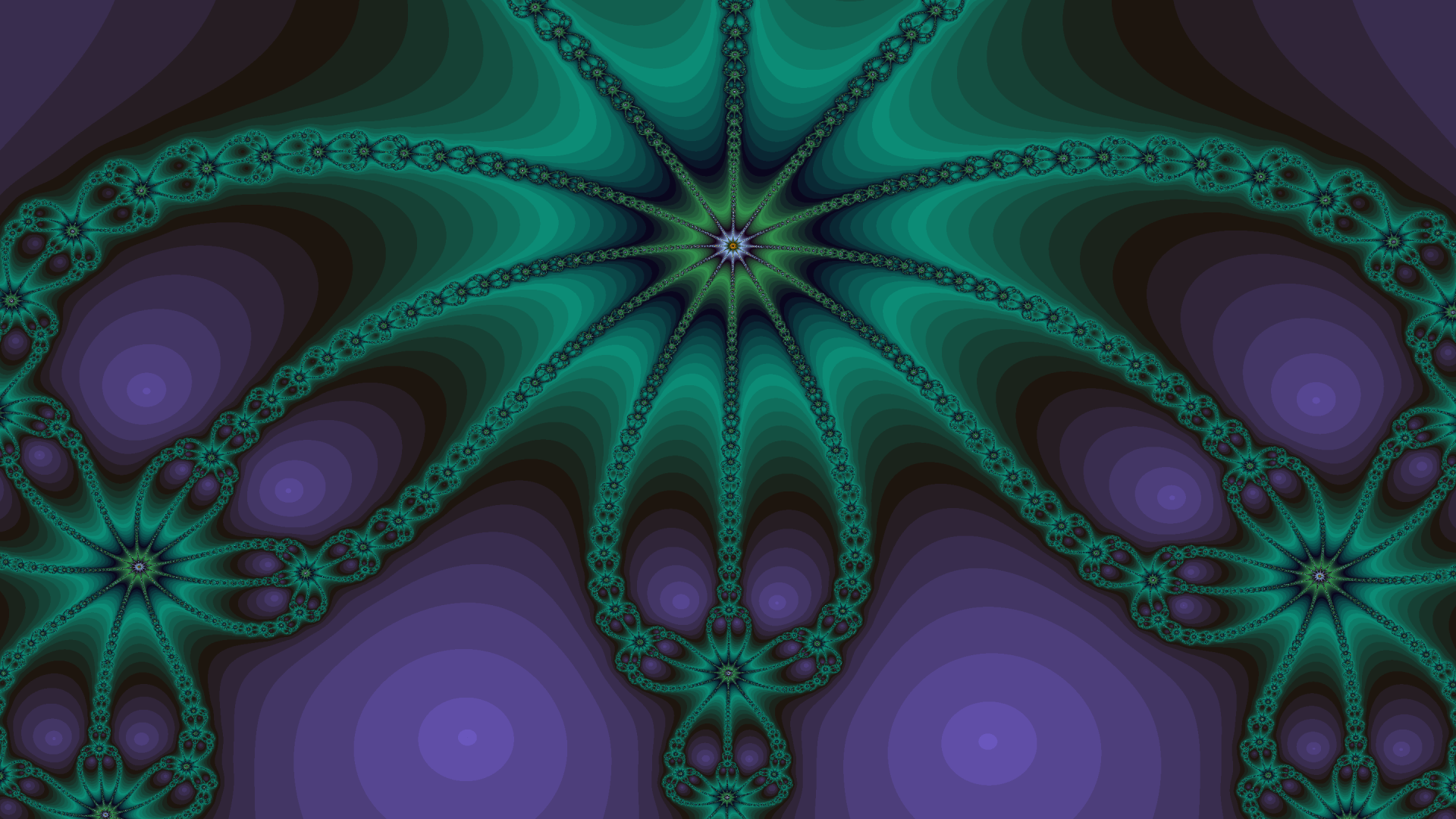 HD PC desktop wallpaper featuring an abstract green fractal design with intricate swirling patterns blending into deep purple tones.