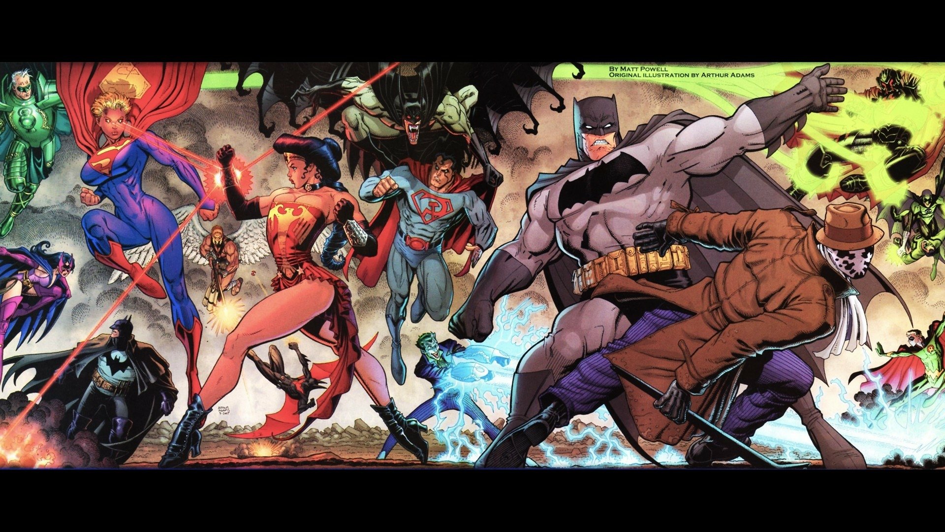 HD PC wallpaper featuring iconic DC Comics heroes and Watchmen characters including Robin, Rorschach, Superman, Supergirl, Batman, Joker, and Wonder Woman in dynamic action poses.