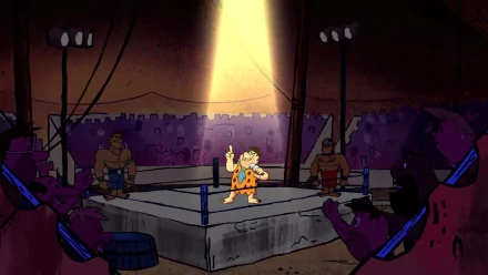 HD PC wallpaper from The Flintstones & WWE: Stone Age SmackDown! — Fred Flintstone stands in a spotlight in a Stone Age wrestling ring while cavemen and wrestlers cheer from the crowd.