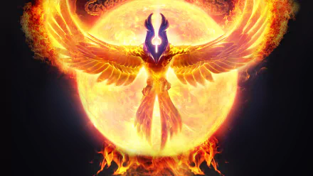 HD desktop wallpaper featuring a fiery phoenix from the video game DotA 2, radiating against a blazing sun backdrop.