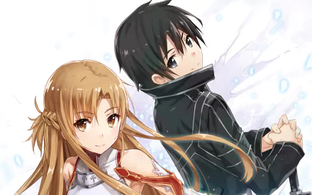 HD desktop wallpaper featuring Kazuto Kirigaya, also known as Kirito, and Asuna Yuuki from the anime Sword Art Online. They stand back-to-back, with a soft glow and floating blue particles in the background.